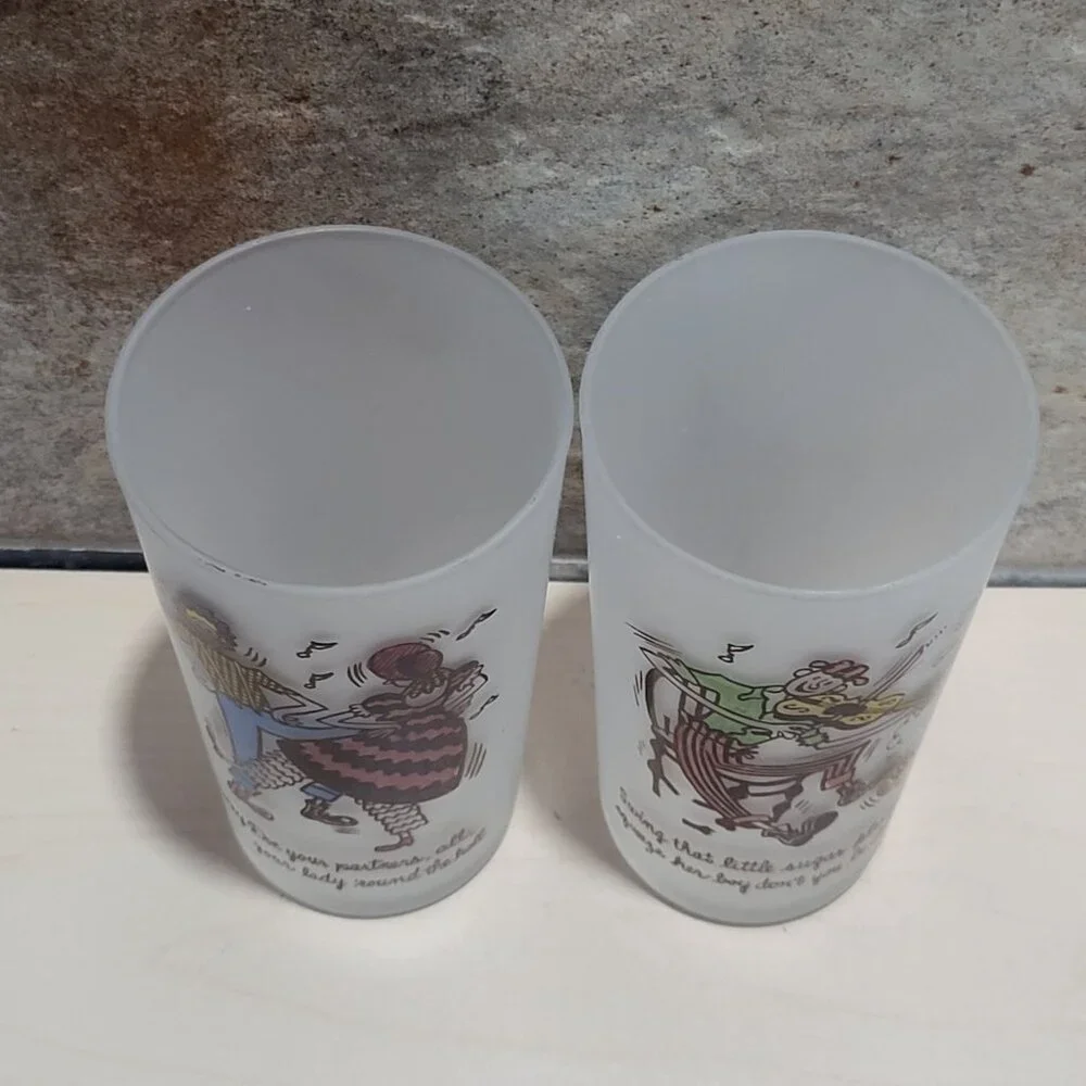 Vintage Square Dance Highball Federal Frosted Glass Tumblers Set of 2